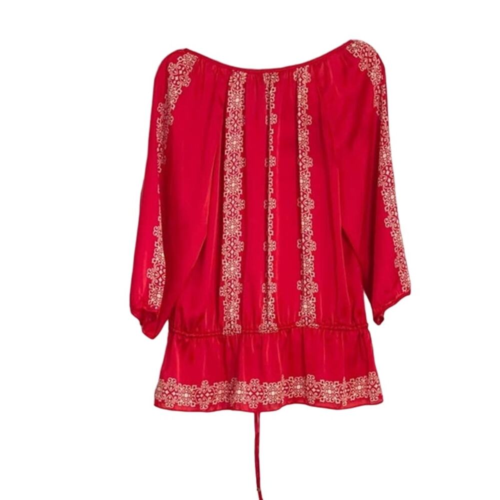 WHBM Red Embroidered Silky Peplum Blouse Size 8 - Picture 4 of 8